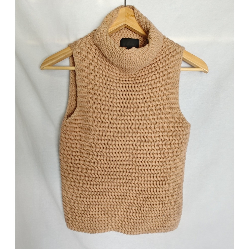 INTERMIX Sleeveless Turtleneck Sweater small Tan Beige Cotton Silk Chunky Knit